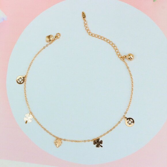 "Delicate Rose Gold Anklet with Lucky Charms & Adjustable Chain, XPAL1073 - Picture 1 of 12